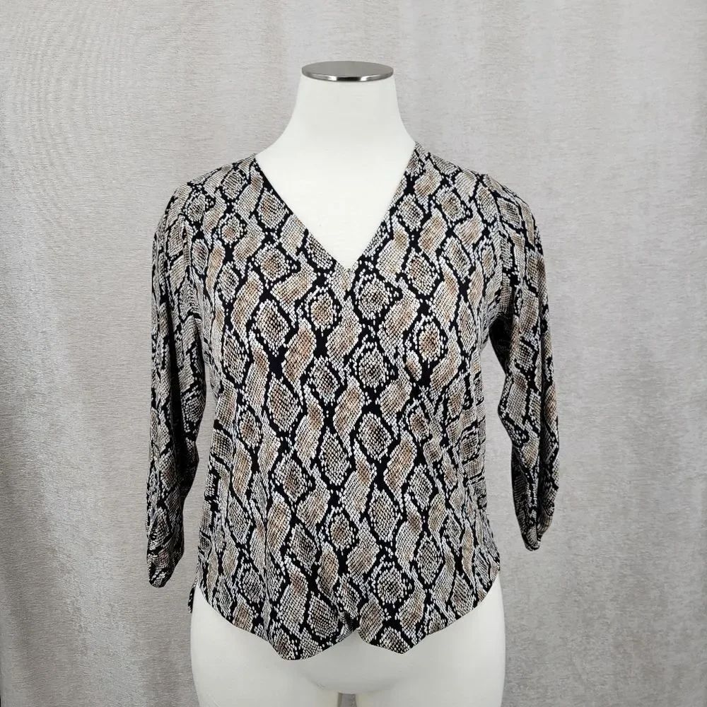 Michael Kors Surplice Faux Wrap Black and Tan Snake Snakeskin Print Blouse
